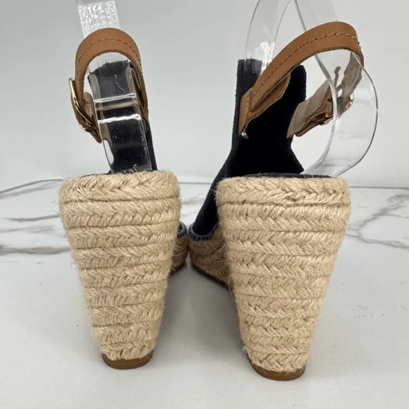 Seychelles Wedges Espadrille Sandals Suede Leather Size 8.5 Navy Blue Coastal Na - Picture 3 of 11